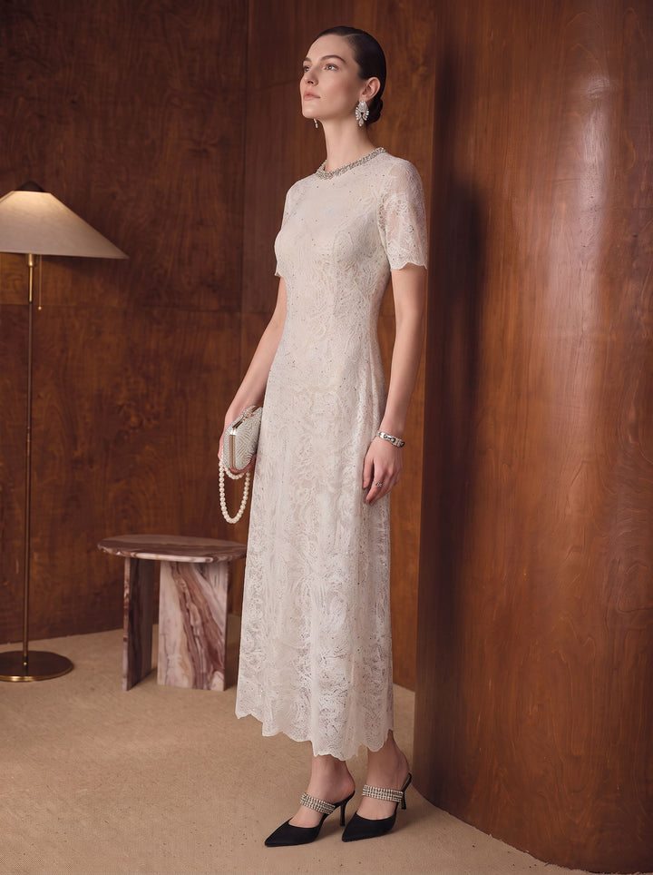 Elegant Beaded Lace Midi Dress