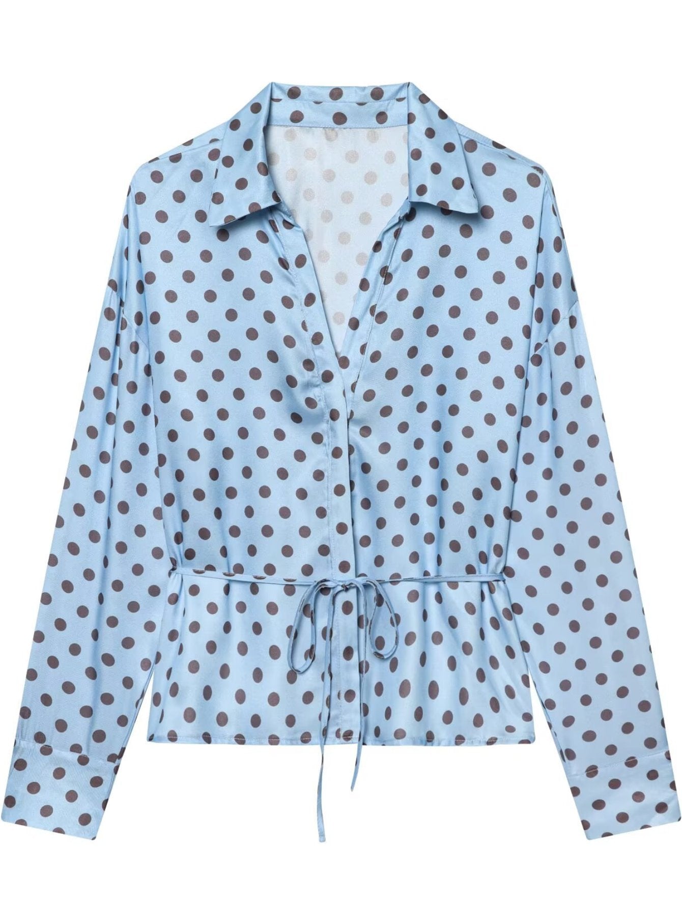 Polka Dot Tie Waist Button Shirt