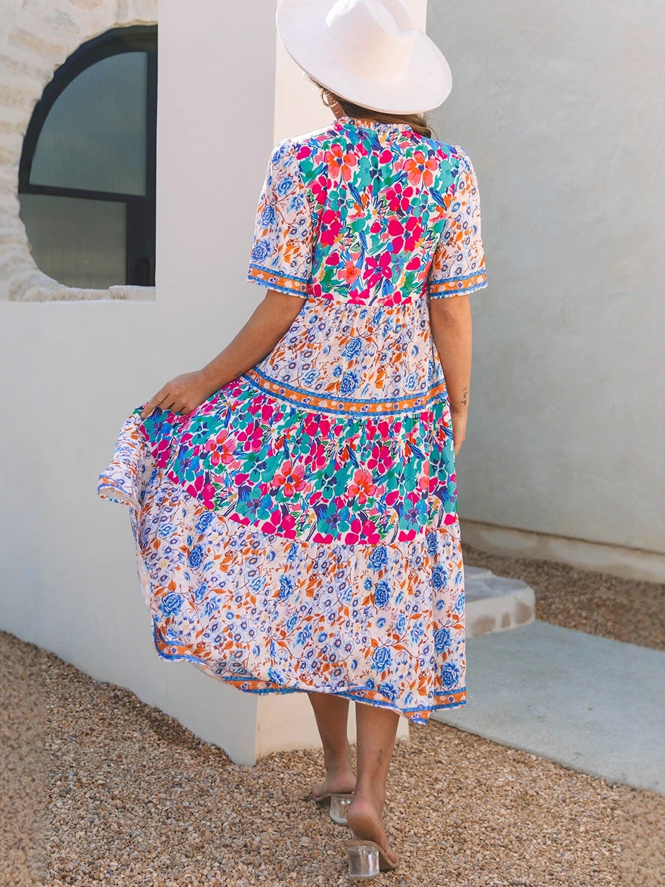Floral Print V Neck Midi Dress