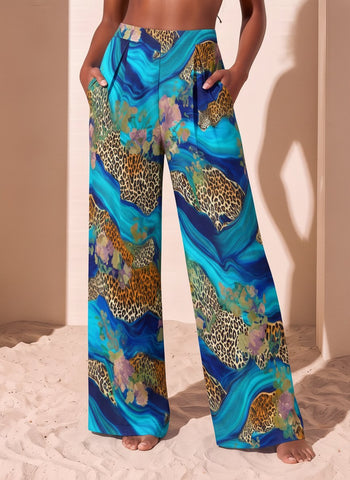 Blue Marble Leopard Print Wide Leg Pants