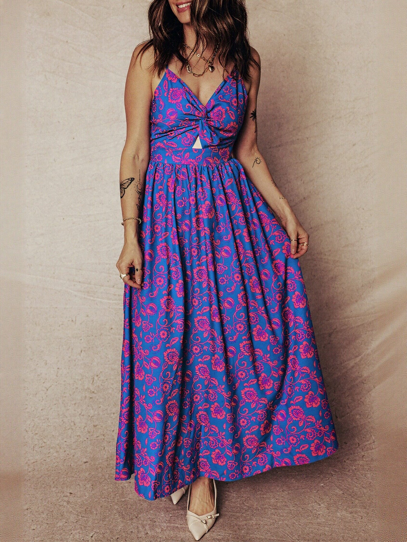 Floral Twist Front Cutout Maxi Dress