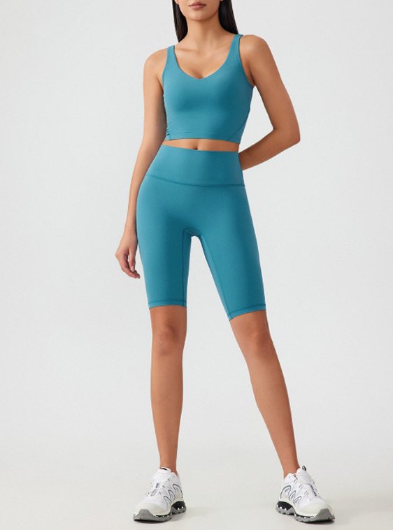 V-Neck Cropped Tee Tight-Fit Biker Shorts Casual Set-Multicolor