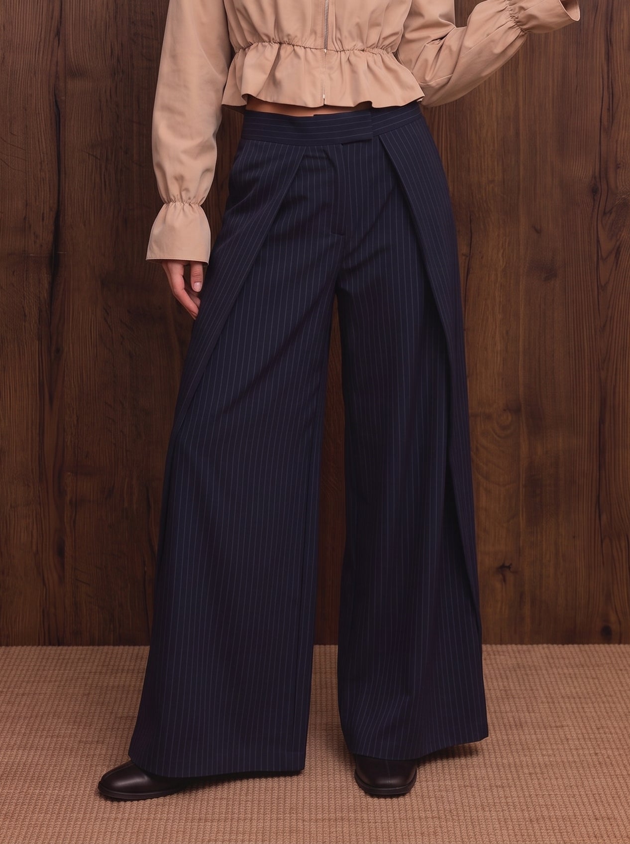 High Waisted Pinstripe Wide Leg Trousers