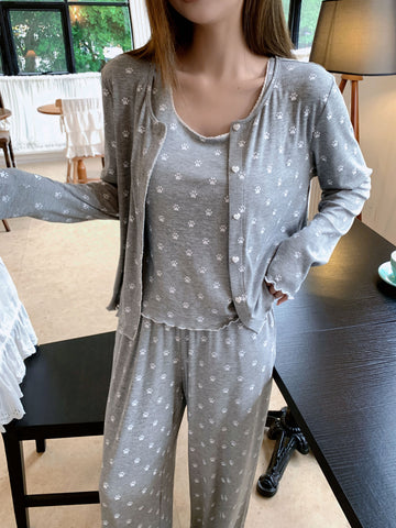 Soft Ribbed Paw Print Pajama Set