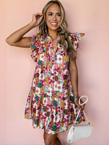 Floral Print V Neck Mini Dress