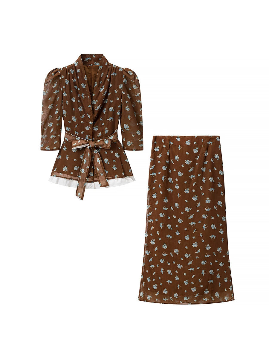 Floral Belted Puff Sleeve Skirt Set