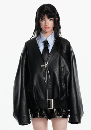 Oversized Faux Leather Belted Jacket