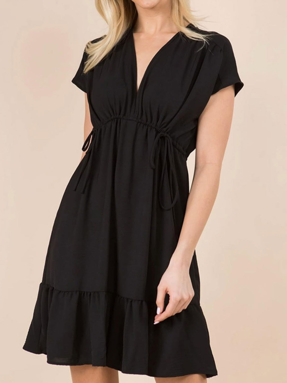 V Neck Drawstring Waist Mini Dress