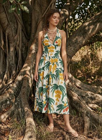 Floral Print Halter Neck Tie Back Midi Dress