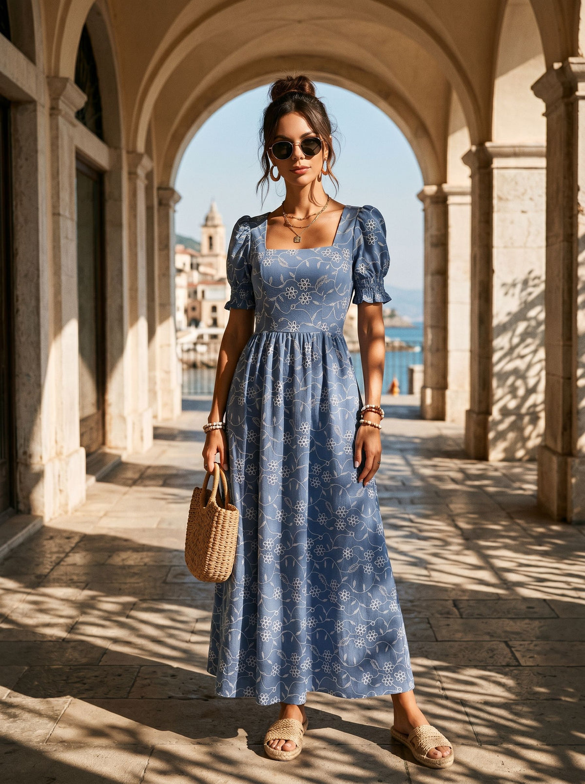 Floral Embroidered Puff Sleeve Maxi Dress