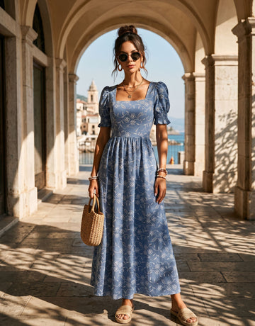 Floral Embroidered Puff Sleeve Maxi Dress