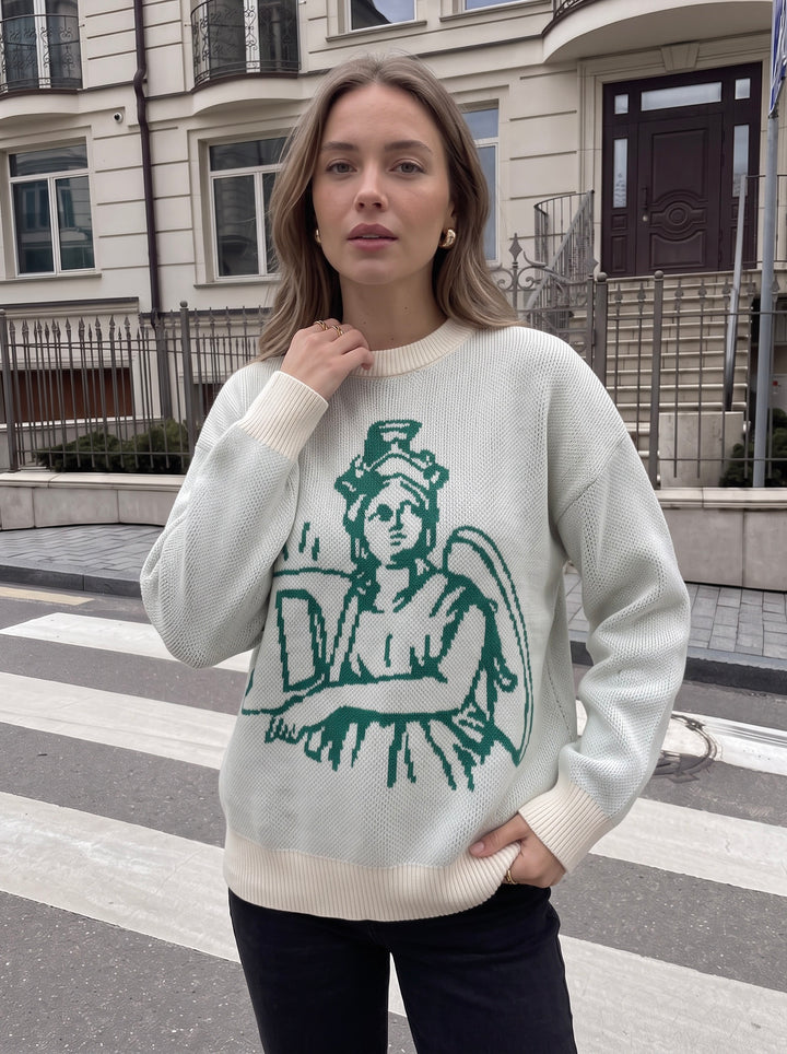 Oversized Graphic Print Crewneck Knit Sweater