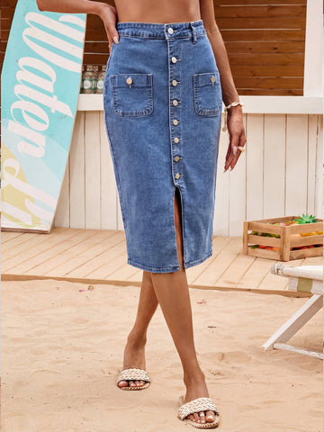 Low Stretch Denim Bodycon Midi Skirt