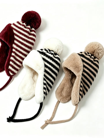 Cozy Faux Fur Lined Striped Hat