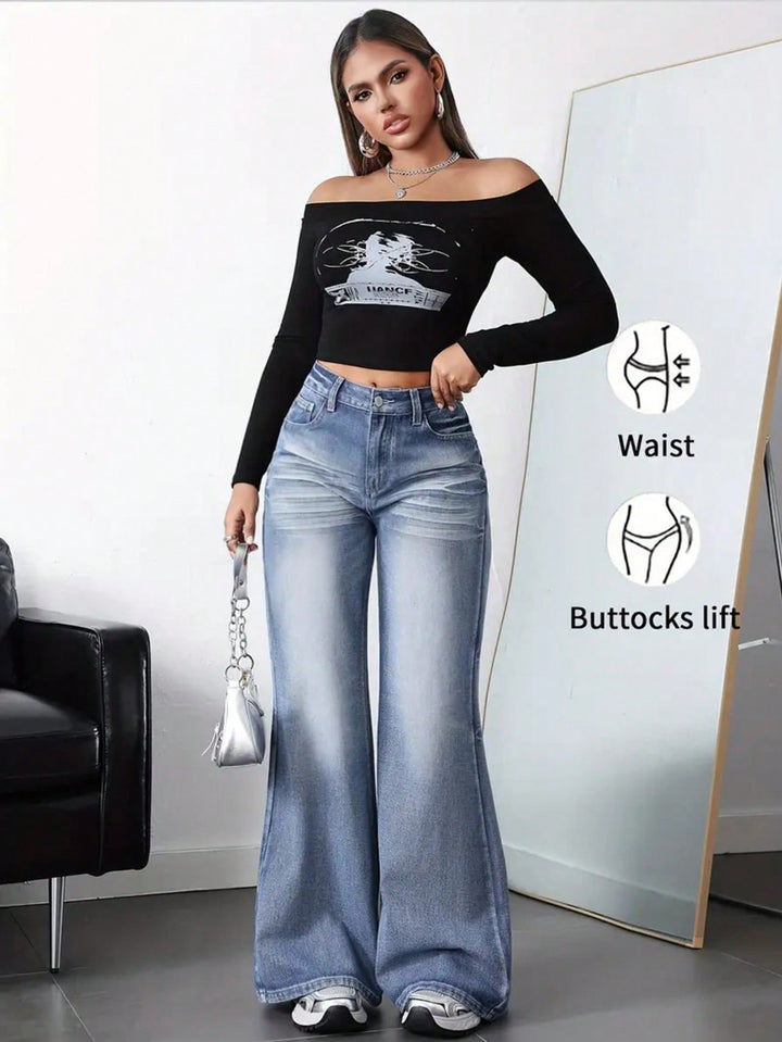 High Waisted Vintage Wash Wide Leg Jeans