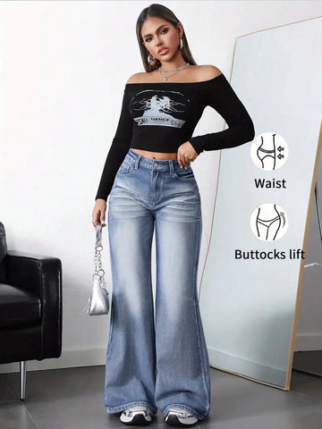 High Waisted Vintage Wash Wide Leg Jeans
