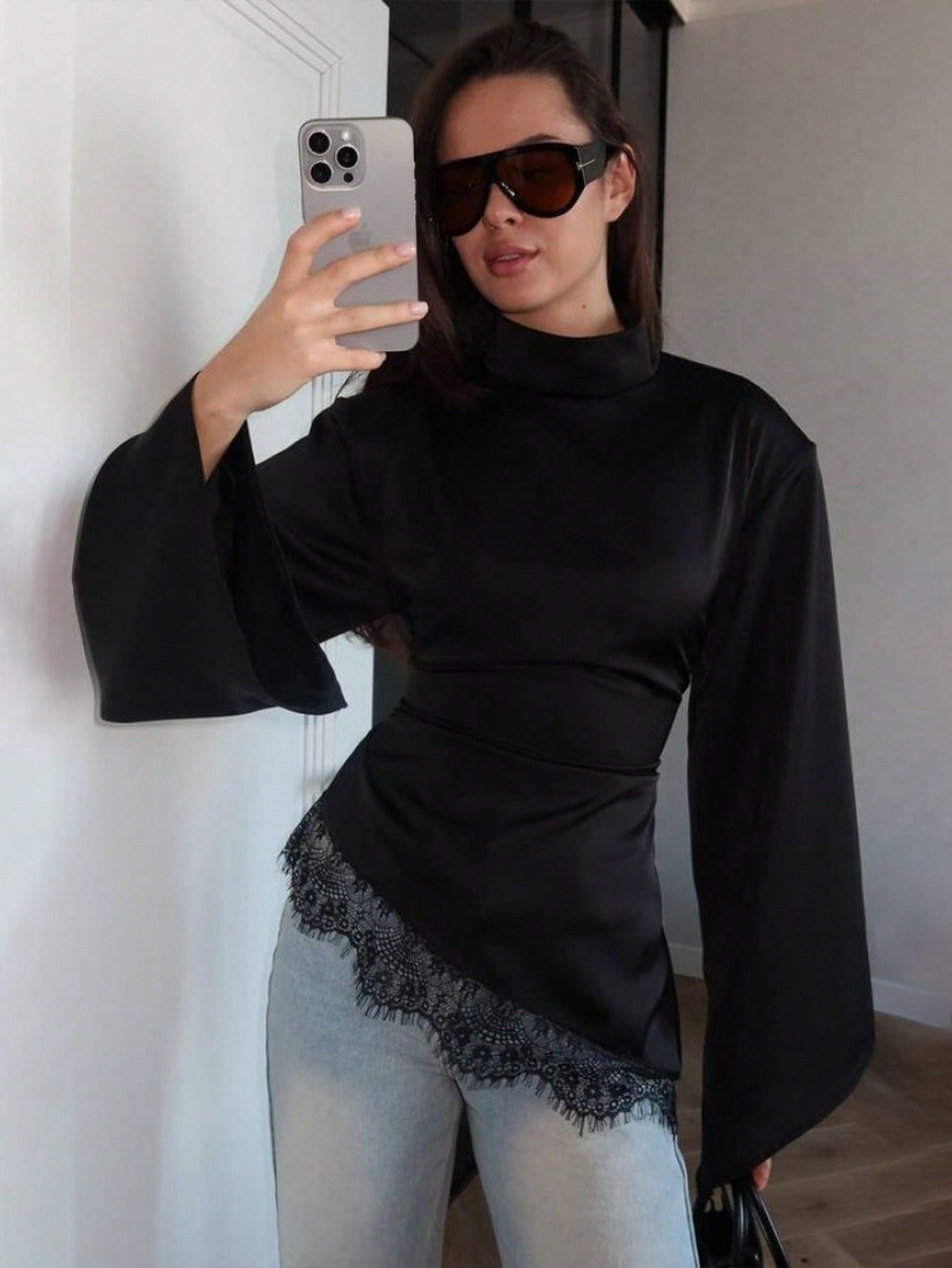 Asymmetric Lace Trim Mock Neck Top