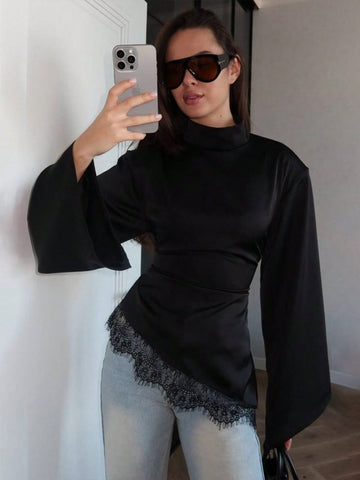 Asymmetric Lace Trim Mock Neck Top