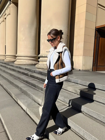 Faux Shearling Buckled Moto Vest