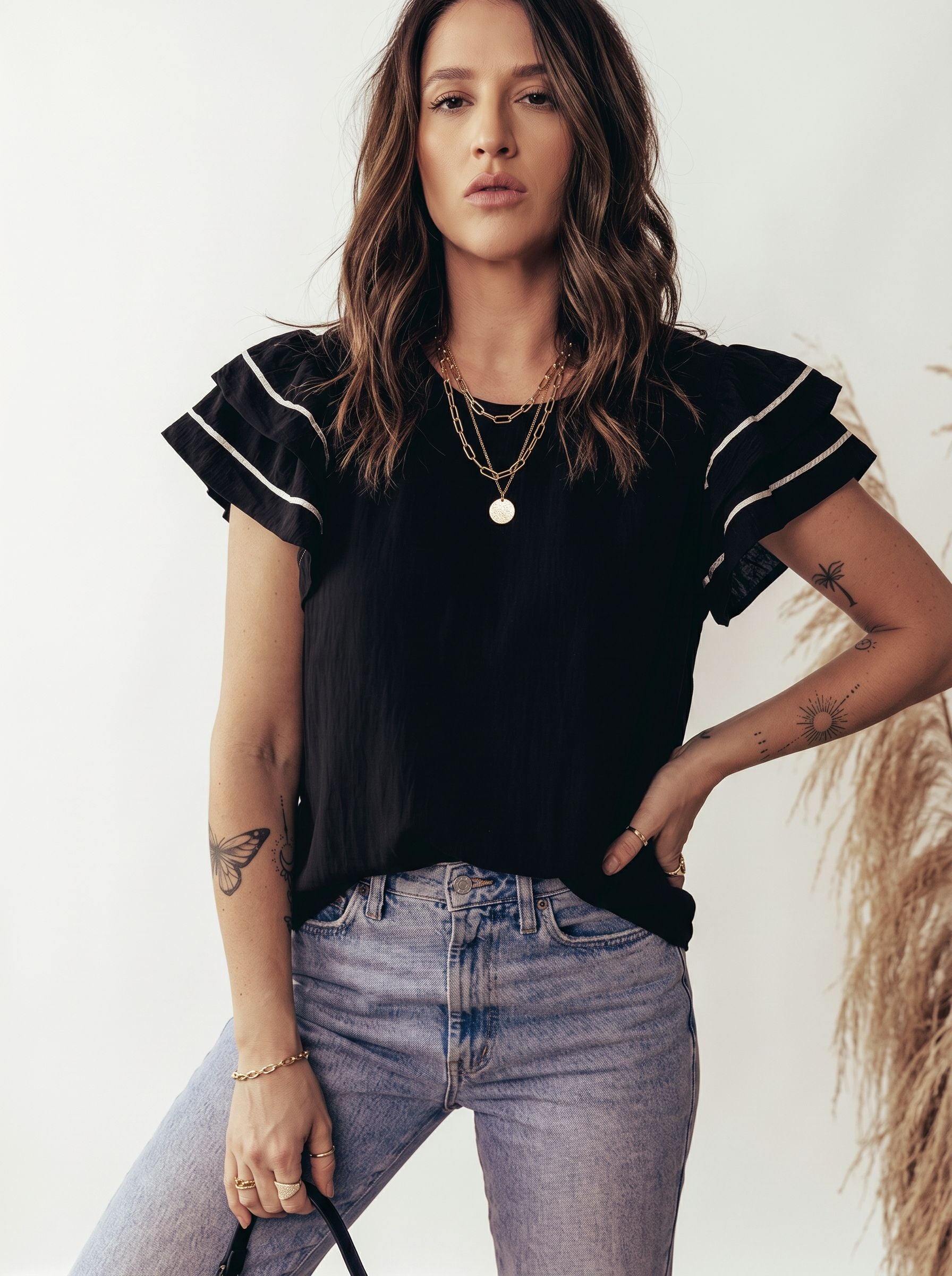 Ruffle Sleeve Black Feminine T-Shirt