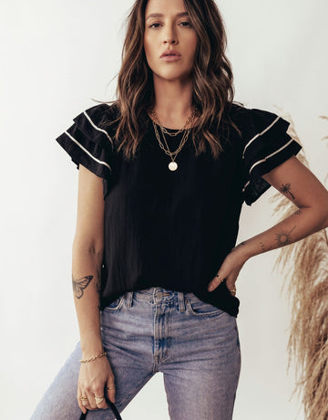 Ruffle Sleeve Black Feminine T-Shirt