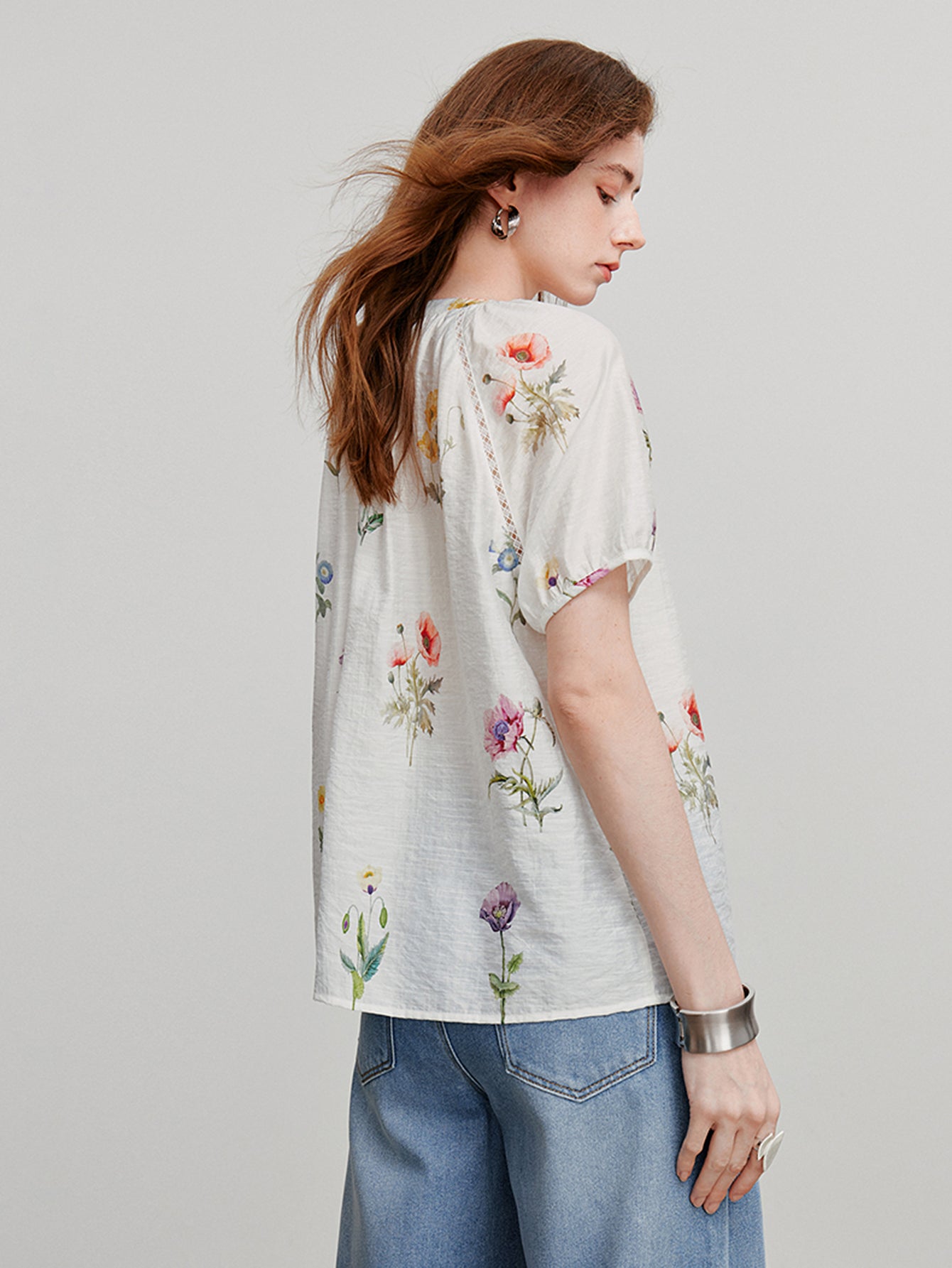 TOYOUTH Short Sleeve Floral Print Romantic Blouse