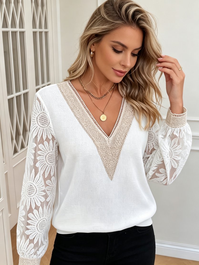 Floral Lace Sleeve V Neck Blouse