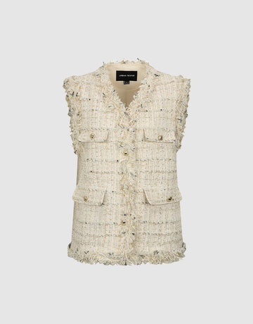 Urban Revivo V-Neck Flap Pocket Raw Hem Tweed Vests-Off White