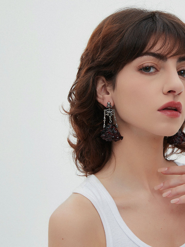 Gothic Skeleton Rose Statement Earrings