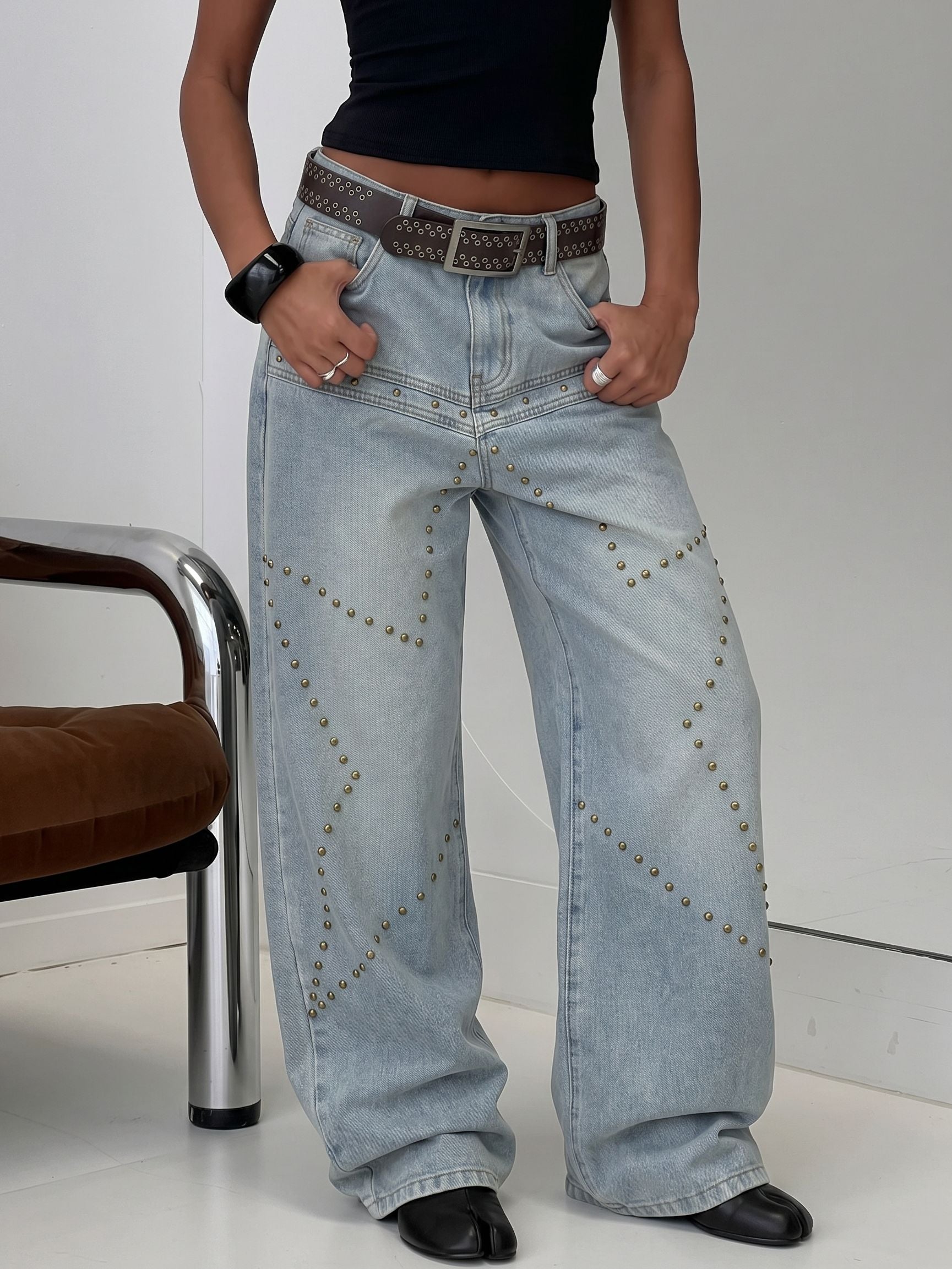 Studded Wide Leg Denim Jeans