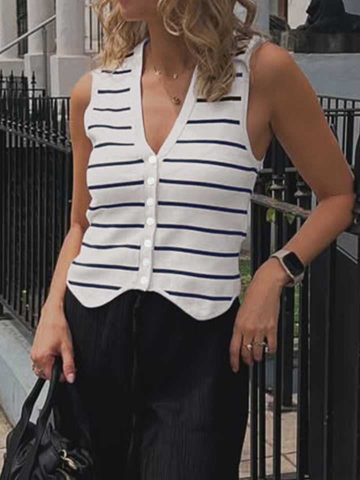 Striped V Neck Button Down Sweater Vest