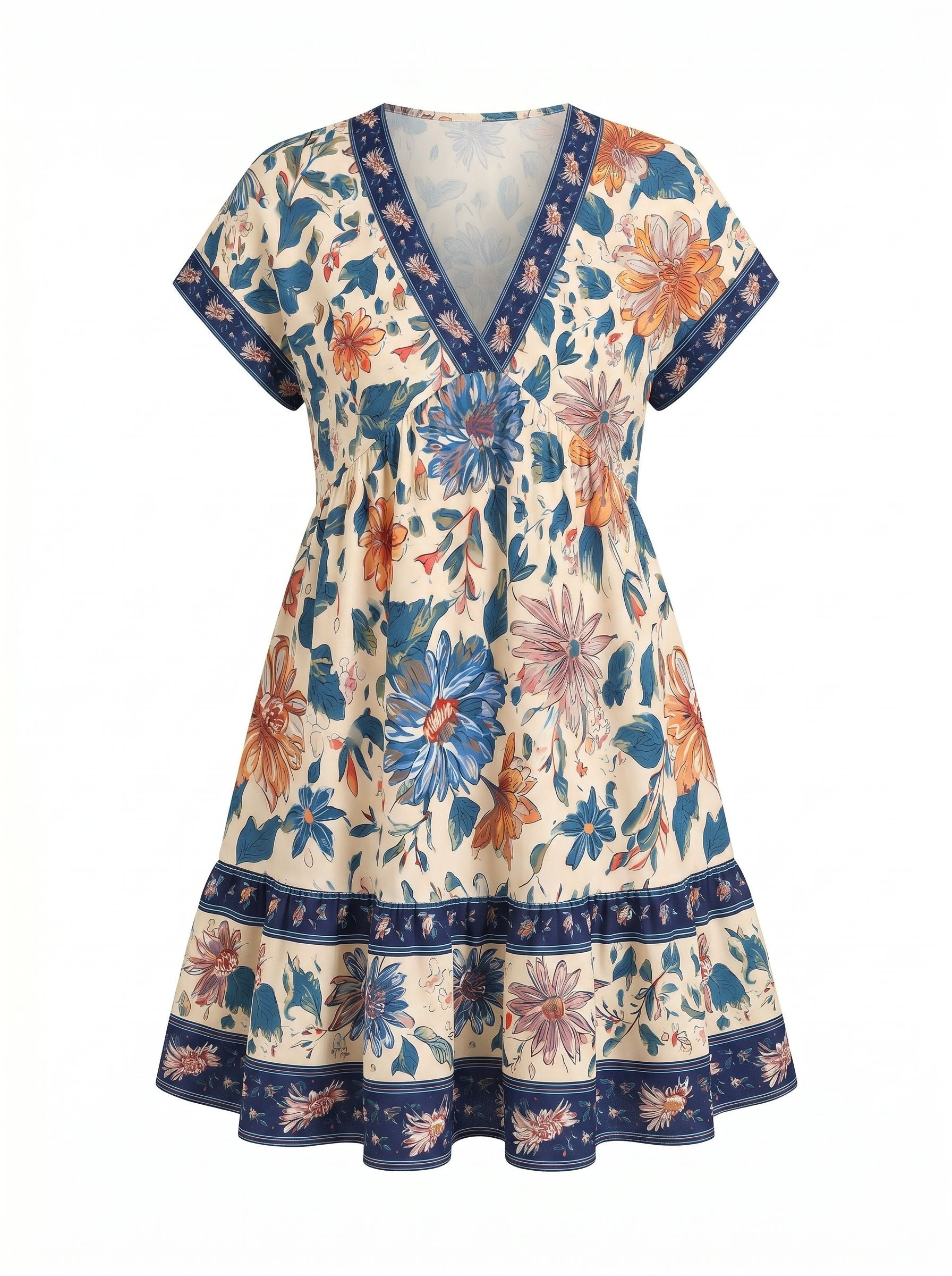 Floral Print V Neck Tiered Babydoll Mini Dress
