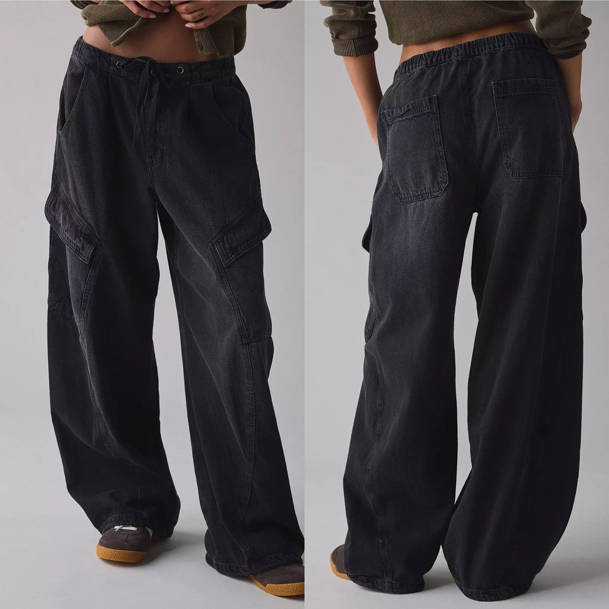 Drawstring High Waisted Cargo Jeans