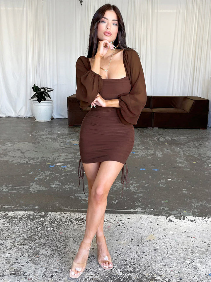 Sheer Sleeve Ruched Mini Dress