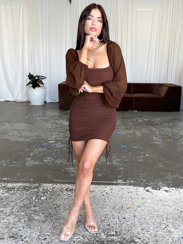 Sheer Sleeve Ruched Mini Dress