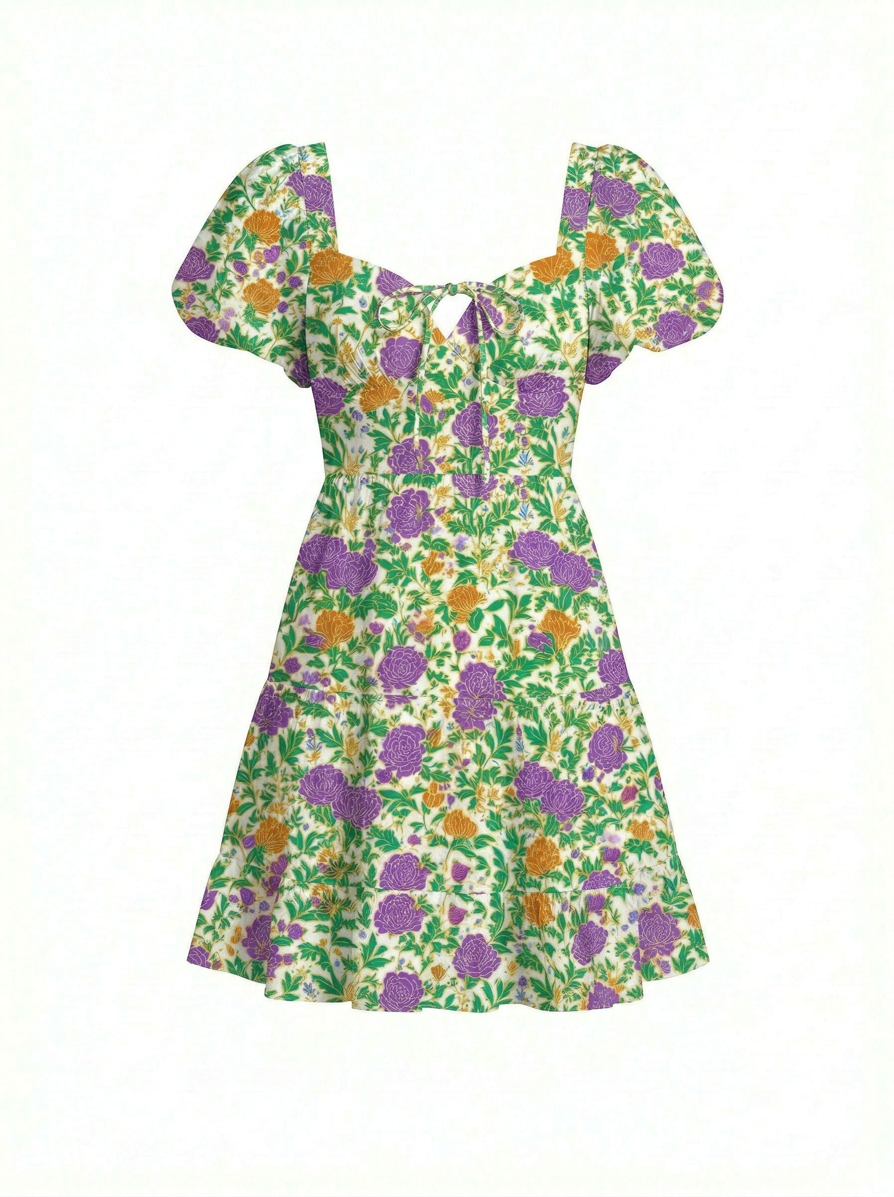 AYLA Floral Print Puff Sleeve Tiered Mini Dress