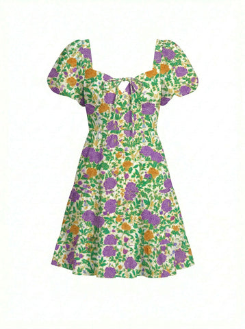 AYLA Floral Print Puff Sleeve Tiered Mini Dress