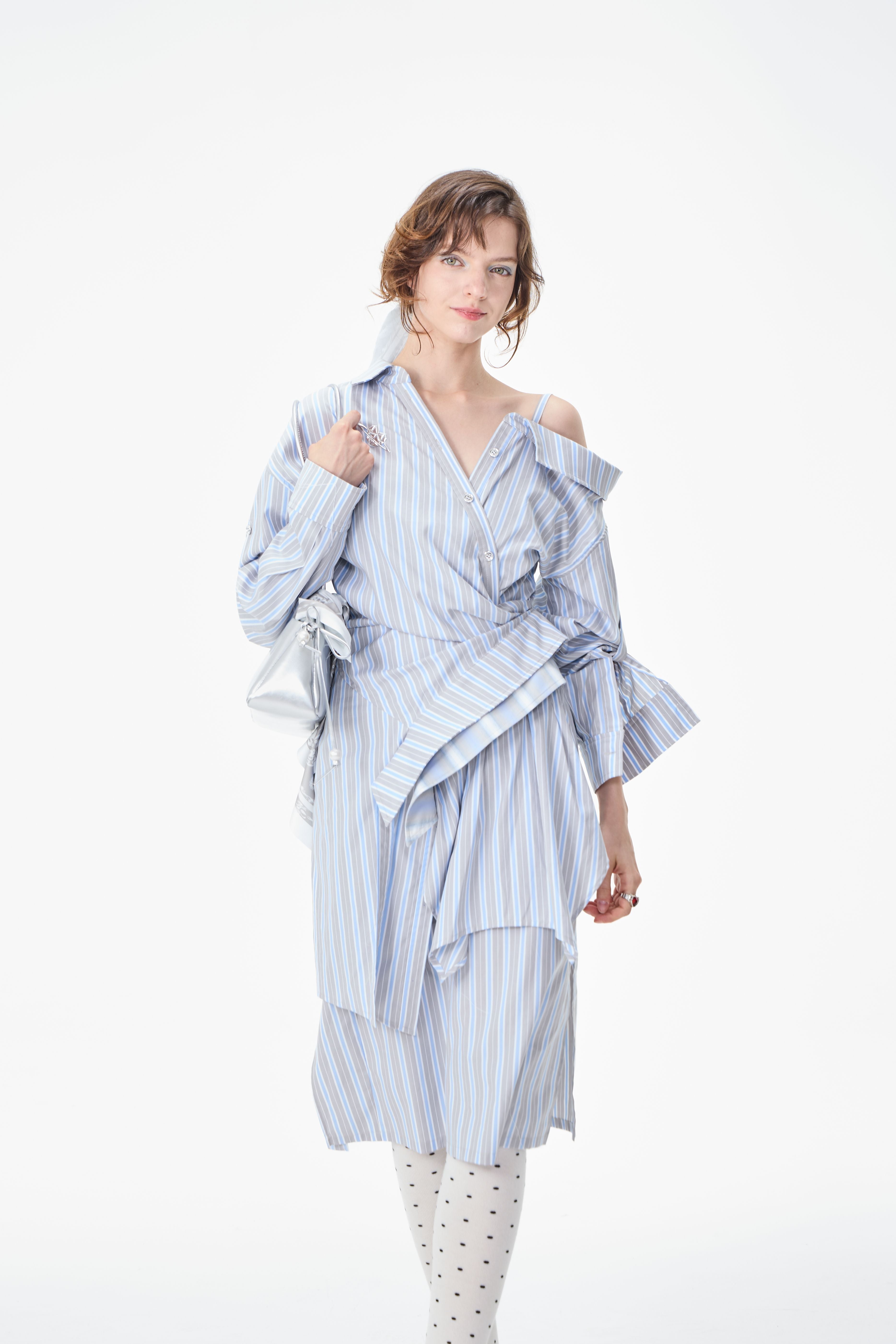 Asymmetrical Striped Cold Shoulder Shirt Dress
