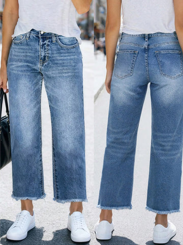 High Rise Raw Hem Wide Leg Jeans
