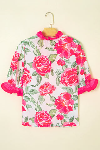 Floral Ruffle Trim Chiffon Blouse