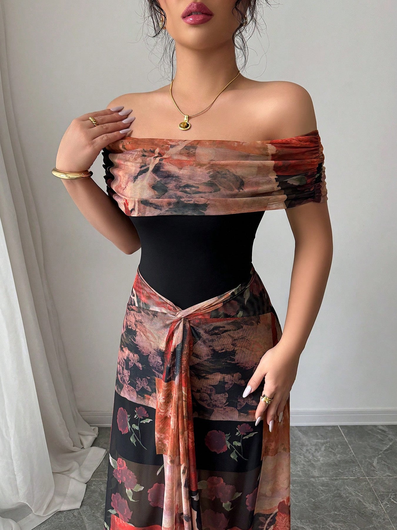 Statement Floral Contrast Top Formal Maxi Dress-Multicolor