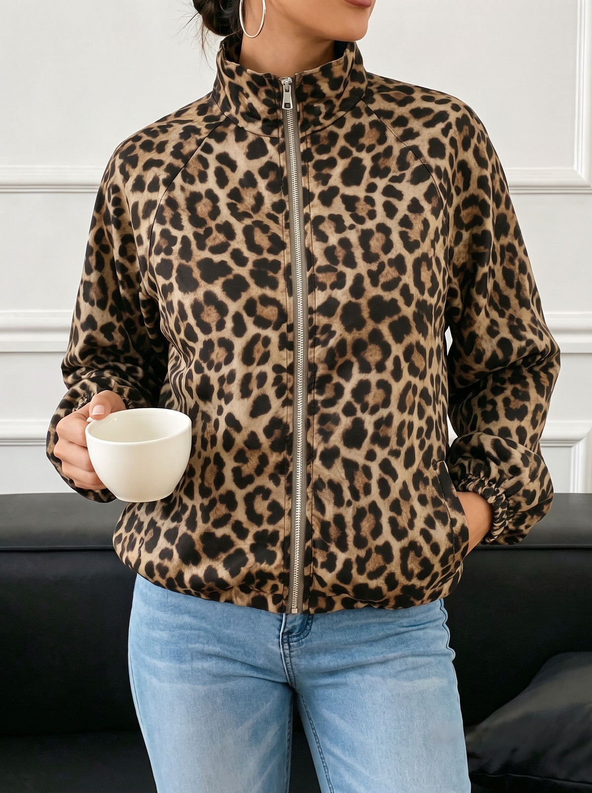 Leopard Print Zip Up Jacket