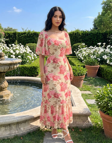 Floral Flutter Sleeve Midi Dress