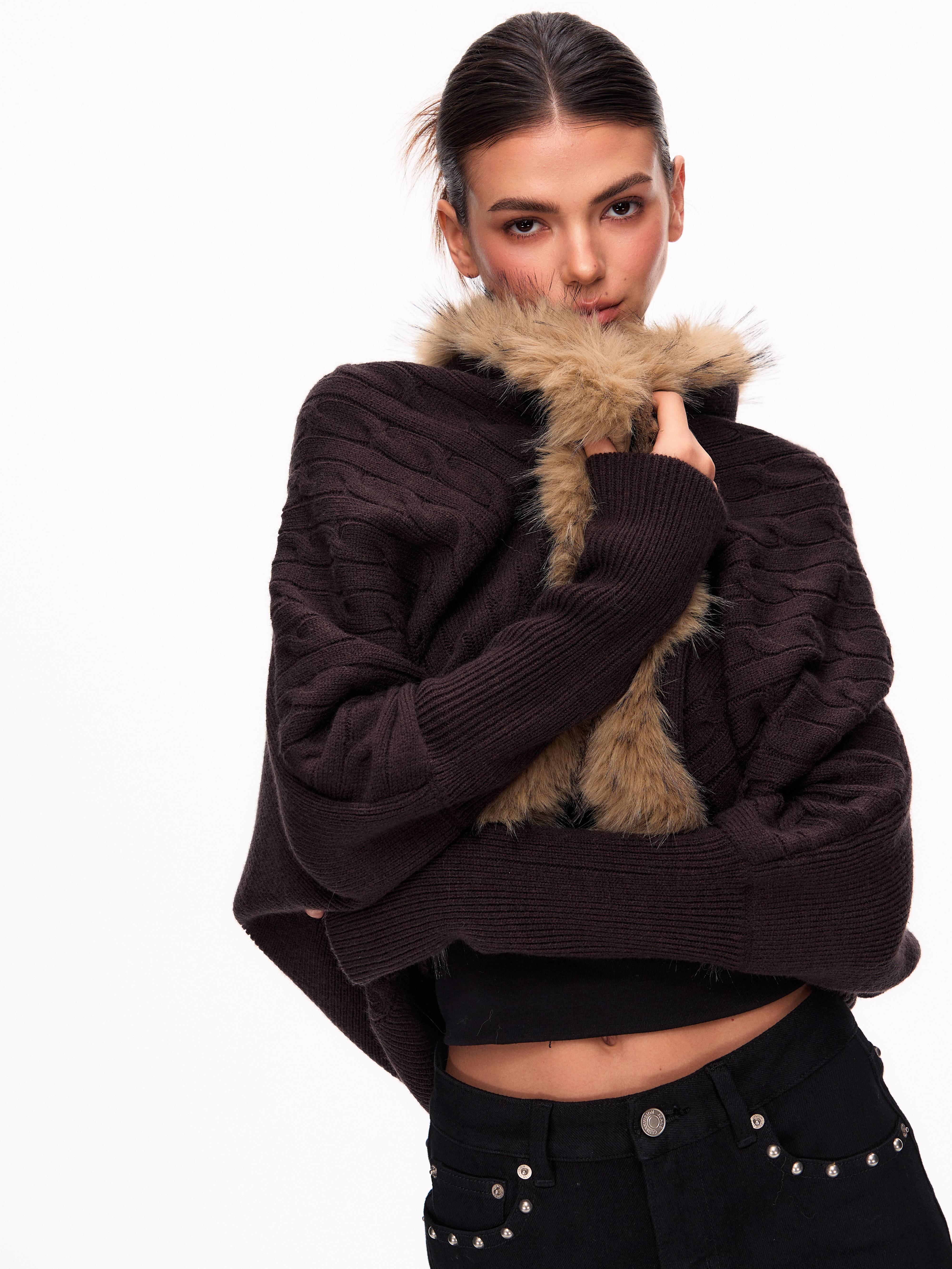 Faux Fur Trim Batwing Cardigan