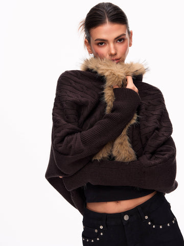 Faux Fur Trim Batwing Cardigan