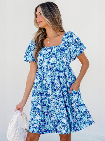Floral Puff Sleeve Square Neck Dress