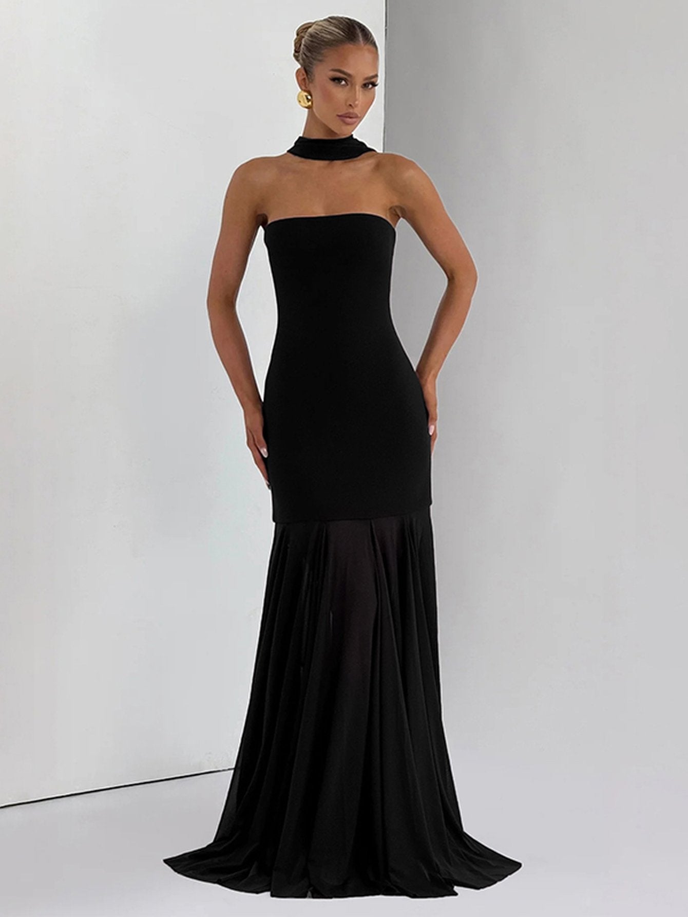 Halter Neck Sheer Panel Elegant Maxi Dress