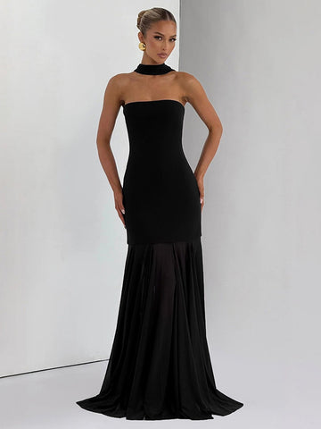 Halter Neck Sheer Panel Elegant Maxi Dress