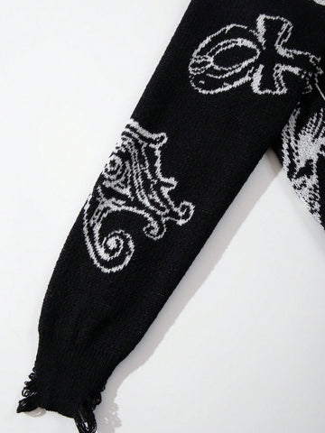 Oversized Graphic Distressed Knit Sweater