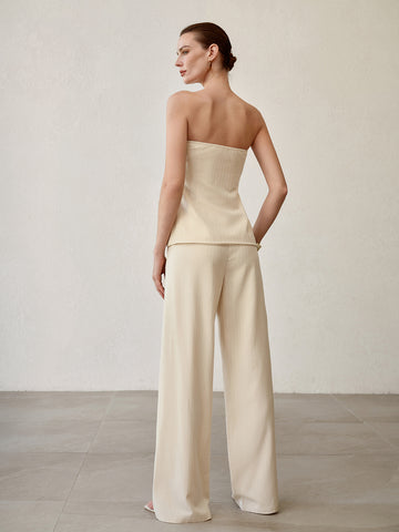 Pinstripe Strapless Top and Wide-Leg Pants Set